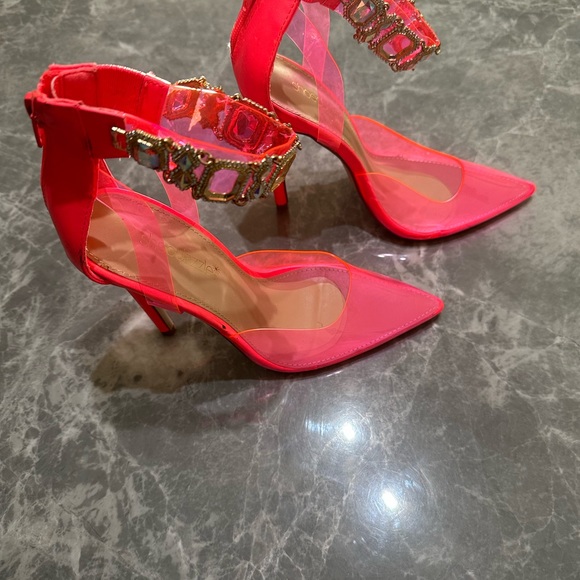 Fashion Nova Translucent Hot Pink Rhinestone Ankle Strap Pointed Toe Heels SZ 7 - Picture 4 of 6